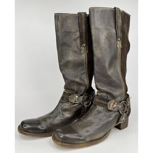 Bed|Stü Womens Leather Harness Boots 9.5 Brown Distressed Western Moto Boho